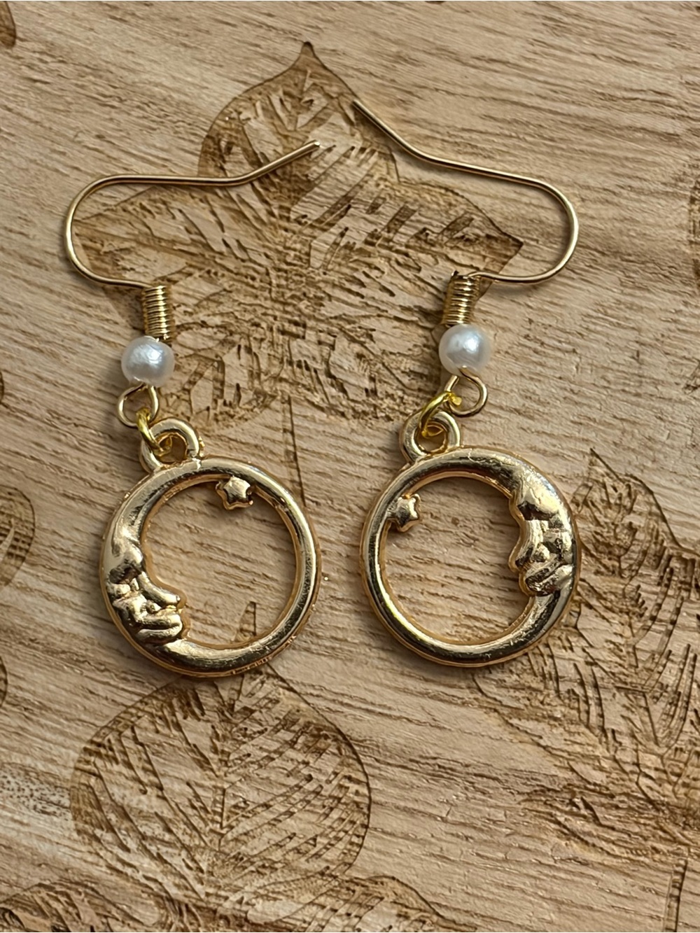 Gold Moon & Star Drop Earrings with Pearl Accent - Delicate Celestial Design